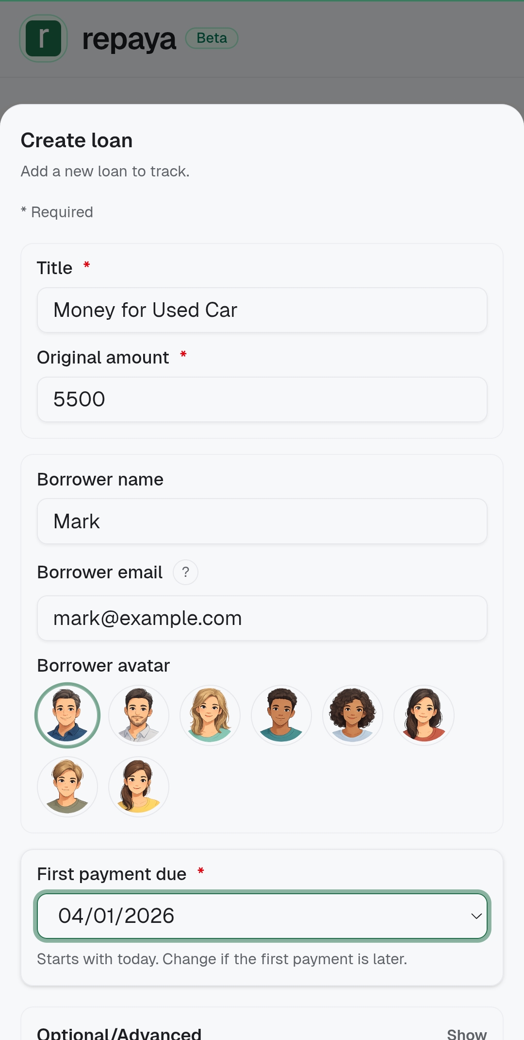 Repaya create loan screen with borrower details